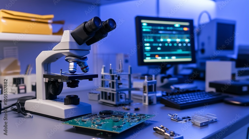 Poster microscope analyzing microchip in modern laboratory with computer showing analysis results