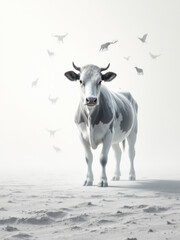 Cow in a foggy landscape with silhouettes