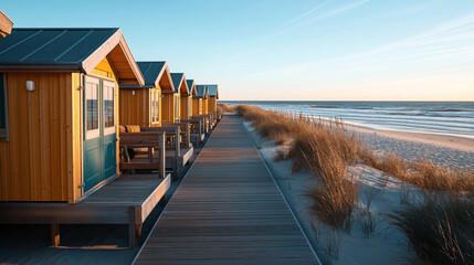 Row of wooden cabins along a sandy beach with a boardwalk during sunset, with coastal grass and a calm ocean view.