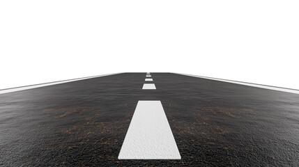 Asphalt road with white dashed line extending forward on a transparent background