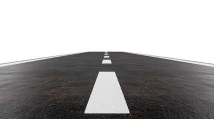 Asphalt road with white dashed line extending forward on a transparent background