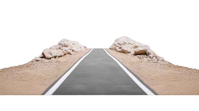 Curved road through rocky desert with no horizon on a transparent background