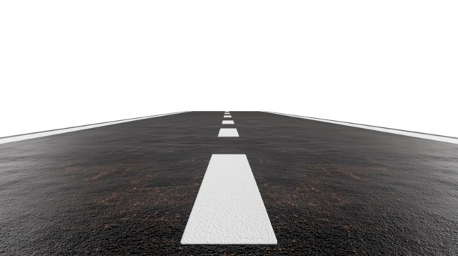 Asphalt road with white dashed line extending forward on a transparent background - Powered by Adobe
