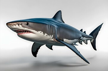 Obraz premium 3D model of a great white shark on a white background, featuring its iconic dorsal fin, streamlined shape, and detailed body texture, creating an intimidating presence.