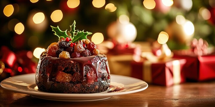 Rich fruitcake adorned with holly, set against a festive backdrop of Christmas lights.
