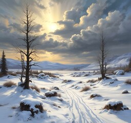 Illustration of winter season with sunrise.