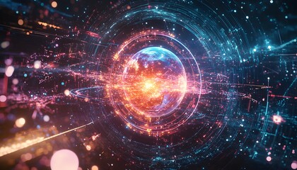 Obraz premium A glowing orb of Earth encircled by light trails and a network of lines.