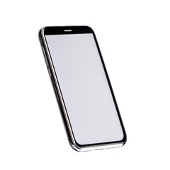 Modern smartphone with blank screen tilted at an angle on a transparent background