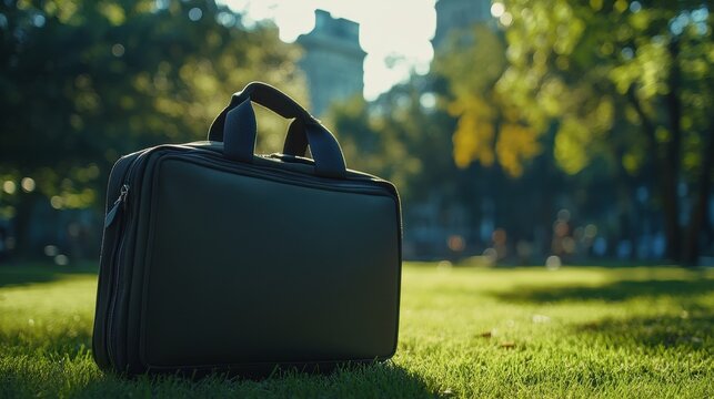 A simple laptop bag on grass highlights its suitability for outdoor park activities