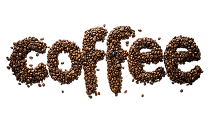 The word "COFFEE" is spelled using coffee beans. transparent background.