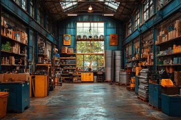 Industrial Warehouse Interior with Storage Shelves and Window