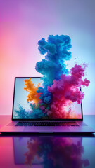 A stunning laptop displays vibrant colored smoke bursting from the screen, creating a dynamic visual effect. This image is perfect for tech promotions, creative projects, or digital art showcases