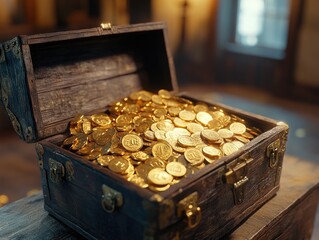 Gold Coins in Wooden Chest