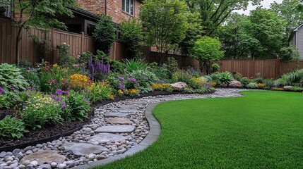 Obraz premium Colorful flowers and a stone pathway in a beautifully landscaped garden