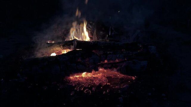 Burning campfire on black background. Burning bonfire in the night forest. Tourist, hiking, nature futage