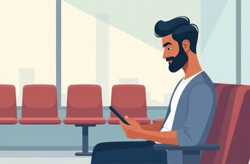 Young Man Engrossed in Smartphone at Waiting Area, Soft Cityscape Behind