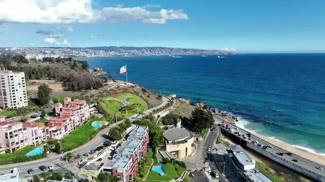 Aerial view of beautiful coastal city with modern architecture and sandy beach, Vina del Mar, Chile.
