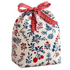 Decorative fabric drawstring bag with floral pattern and red ribbon.