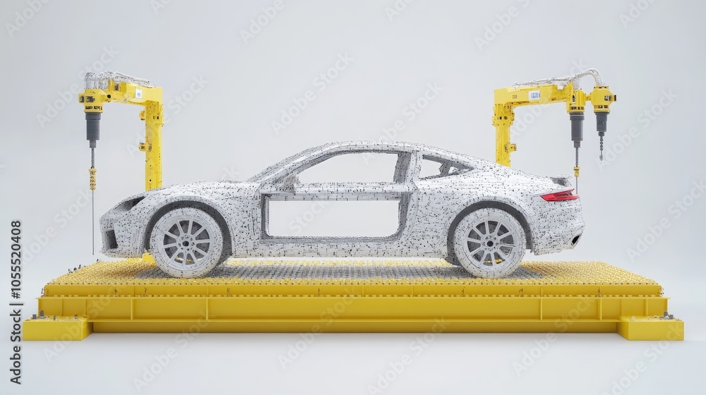 Poster digital rendering of robotic welding arms on car frame, representing automation in modern automotive