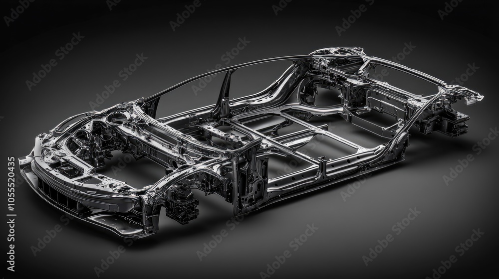 Poster digital rendering of robotic welding arms on car frame, representing automation in modern automotive