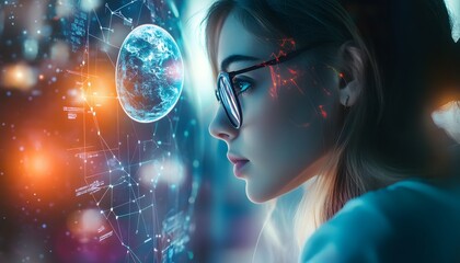 Fototapeta premium Woman with Glasses Looking at a Digital Globe
