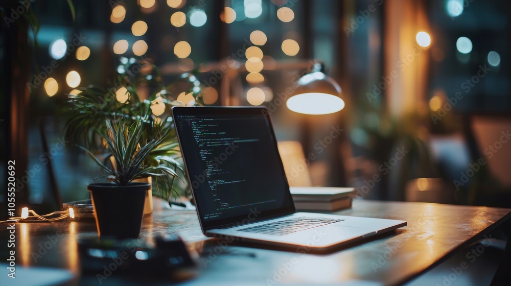 Poster laptop displaying code in a cozy, warmly lit workspace