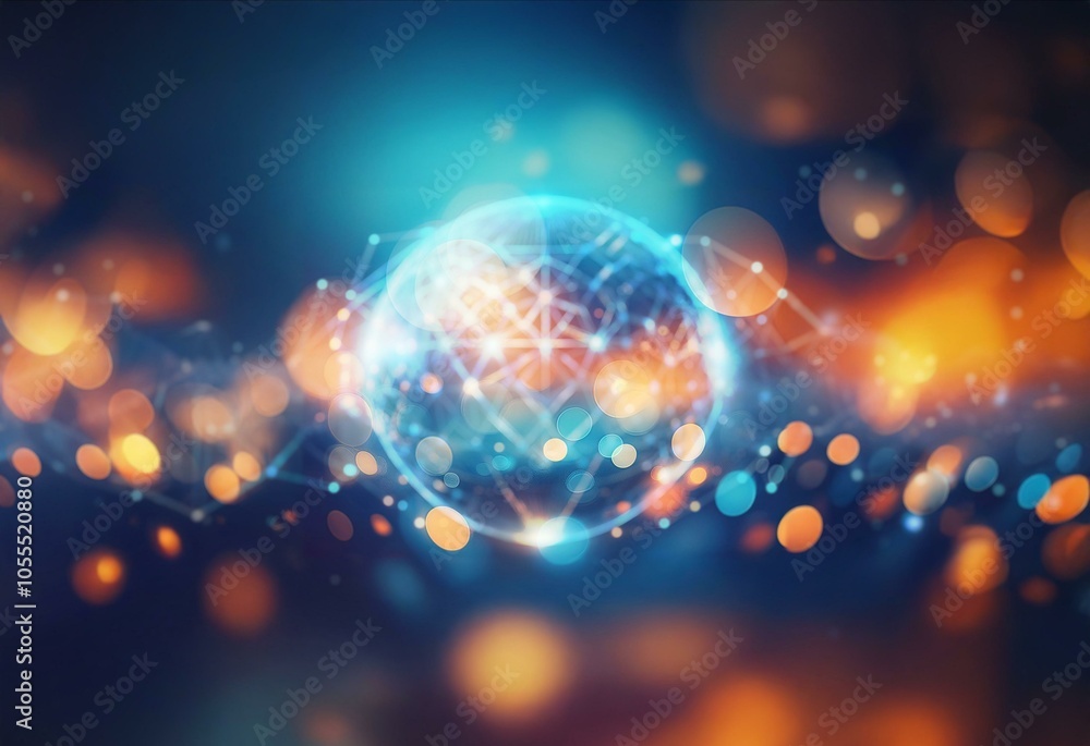 Poster a glowing sphere surrounded by a network of interconnected lines and dots on a dark blue background.