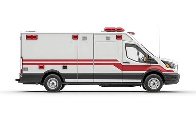 A side view of an emergency ambulance vehicle designed for medical transportation.