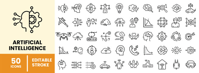 50 Editable Stroke Artificial Intelligence Icons Set