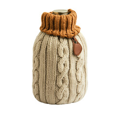 Knit hot water bottle with cozy cover on white isolated background.