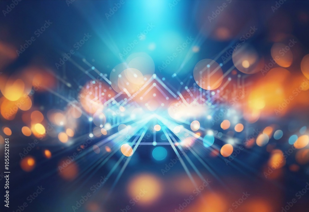 Poster a blue background with glowing lights and a pathway of lines creating a futuristic, abstract design.