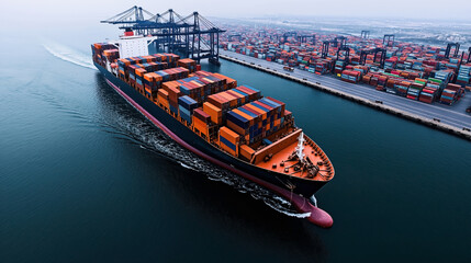 Large cargo ship loaded with numerous colorful shipping containers navigating out of a bustling port with numerous stacked containers and industrial cranes visible in the background.