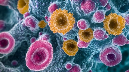Microscopic view of viral cells representing Covid-19 and influenza research in laboratory