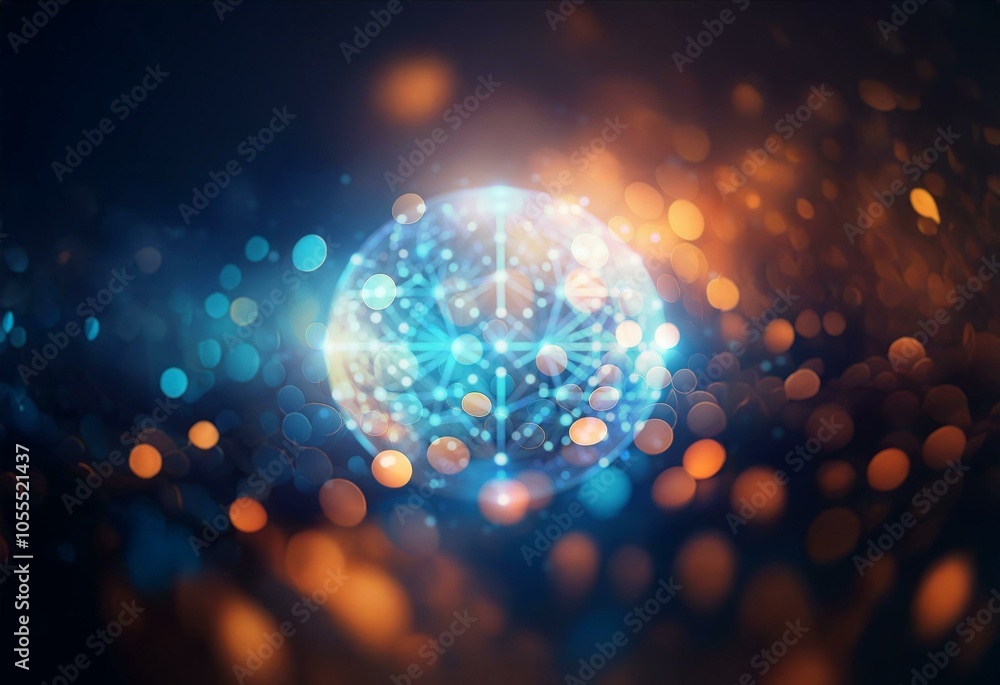 Poster a glowing blue and orange sphere composed of connected lines and nodes against a dark blue backgroun