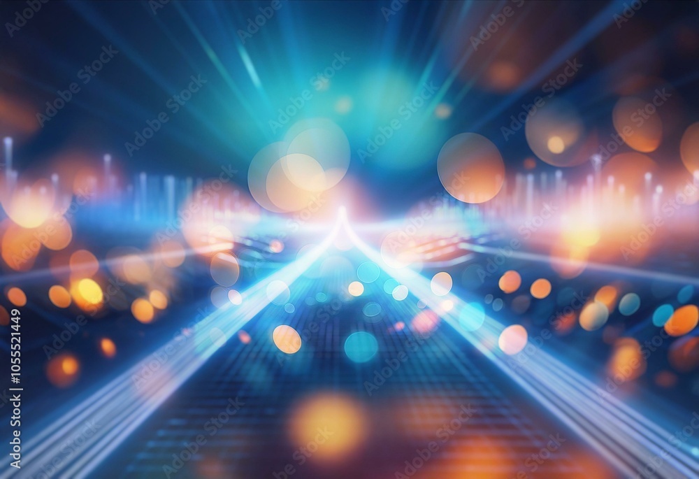 Poster a futuristic, glowing blue path with a grid pattern stretches towards a bright light source in the d