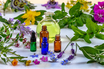 Alternative medicine and remedy, herbal natural cosmetics, aromatherapy and essential oil concept. whitebackground