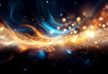 Obraz premium Abstract glowing waves in blue and orange with light dots, against dark background.