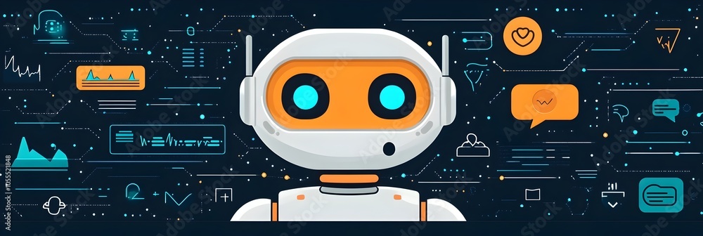 Poster Robotic assistant with glowing eyes and digital interface monitoring a complex data analytics and communication system. This futuristic AI-powered technology concept illustrates automation.