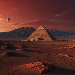 Naklejka premium A Martian pyramid standing tall under the crimson sky, with rugged terrain and distant red mountains in the background