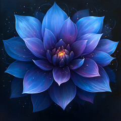 Blue and Violet Flower with Sparkling Edges Surrounded by Lush Greenery in a Soft Focus Background