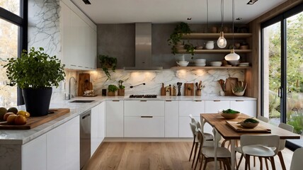A modern kitchen with sleek white cabinets, marble countertops, and pendant lighting, accented with potted herbs and wooden cutting boards for a touch of warmth 