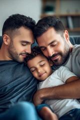 Fototapeta premium vertical image of Loving gay parents cuddling with their adoptive son at home