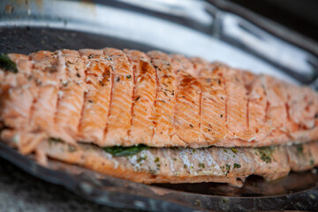 A delicious grilled salmon fillet garnished artfully with fresh herbs, perfect for nutritious and healthy meals