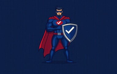  A vector of a businessman in superhero attire holding a shield and checkmark, symbolizing safety from cyber threats. Designed in a flat