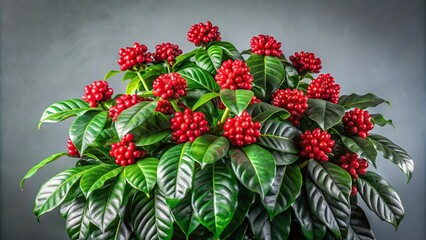 A lush green coffee plant with large, bright red flowers in full bloom against a neutral gray background, greenery, flower power