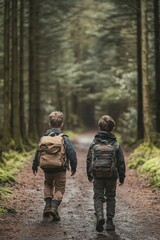 Two Young Boys Walking in Woods