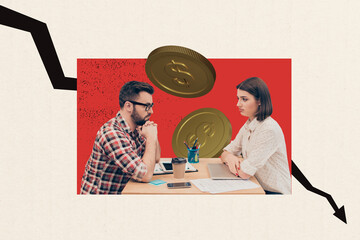 Composite photo collage of two upset girl guy sit office table coin inflation partners problem...