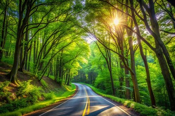 Obraz premium Scenic Road in the Woods with Lush Greenery and Sunlight Filtering Through Trees