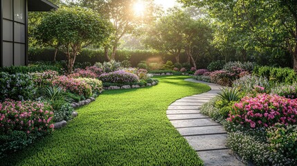 Lush garden pathway winding through vibrant flowers in the morning light