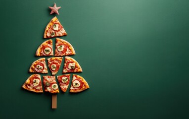 Christmas tree made of slices of pizza on a green background. New Year and Christmas Concept. 